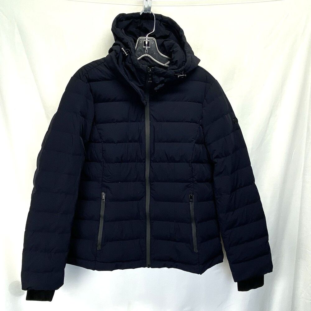 Michael Kors Puffer Jacket Women's L Blue Packable Down Fill Hooded Quilted MK